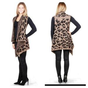 Leopard Print Sleeveless Open Front Cardigan Vest- Brown & Black-NEW